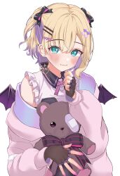 Rule 34 | 1girl, absurdres, arm strap, bandaid, bandaid on arm, bandaid on clothes, bandaid on eye, bat wings, black bow, black corset, black gloves, blonde hair, blush, bow, bowtie, breasts, buckle, coat, commentary request, corset, earrings, fang, fingerless gloves, frilled shirt, frills, gloves, green eyes, hair between eyes, hair bow, hair ornament, hairclip, heart, heart-shaped buckle, heart hair ornament, highres, holding, holding stuffed toy, jewelry, kurumi noah, large breasts, looking at viewer, nakano kura, off shoulder, open clothes, open coat, pierced wings, pink bow, pink bowtie, pink coat, pink nails, shirt, short hair, sleeveless, sleeveless shirt, smile, solo, stuffed animal, stuffed toy, teddy bear, two side up, virtual youtuber, vspo!, white shirt, wings