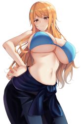 Rule 34 | 1girl, amagi korona, bikini, bikini top only, black pants, blue bikini, breasts, cleavage, clothes around waist, earrings, hand on own hip, highres, huge breasts, jewelry, large breasts, long hair, looking to the side, nami (one piece), navel, one piece, one piece film: gold, orange eyes, orange hair, pants, simple background, standing, sweatdrop, swimsuit, underboob, white background