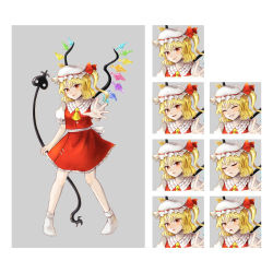 Rule 34 | 1girl, angry, ascot, blonde hair, blush, border, breasts, character name, closed eyes, closed mouth, collared shirt, commentary request, crystal, embodiment of scarlet devil, expression chart, flandre scarlet, frilled shirt collar, frilled skirt, frills, grey border, happy, hat, hat ribbon, highres, holding, holding weapon, hoshiringo0902, laevatein (touhou), lips, medium hair, mob cap, no shoes, one side up, open mouth, outstretched arm, puffy short sleeves, puffy sleeves, red eyes, red ribbon, red skirt, red vest, ribbon, sad, shirt, short sleeves, side ponytail, simple background, skirt, small breasts, smile, socks, solo, surprised, touhou, v-shaped eyebrows, vest, weapon, white background, white hat, white shirt, white socks, wings, yellow ascot