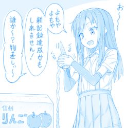 Rule 34 | 1girl, apple, arm warmers, asashio (kancolle), blue theme, collared shirt, commentary request, food, fruit, gotou hisashi, holding, holding food, holding fruit, holding knife, kantai collection, knife, long hair, motion lines, open mouth, pleated skirt, shirt, short sleeves, skirt, smile, solo, speech bubble, suspender skirt, suspenders, translation request