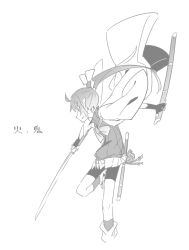 Rule 34 | 1girl, akari (raigou), bike shorts, bow, fingerless gloves, gloves, greyscale, hair bow, holding, holding sheath, holding sword, holding weapon, jacket, katana, kneehighs, long hair, long sleeves, looking away, loose socks, monochrome, open clothes, open jacket, original, outstretched arm, parted lips, pleated skirt, pointy ears, ponytail, profile, raigou, sheath, shorts, shorts under skirt, simple background, skirt, socks, solo, standing, standing on one leg, sweater, sword, translation request, very long hair, weapon, white background, wide sleeves