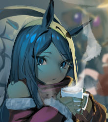 Rule 34 | animal ears, bare shoulders, blue eyes, blue hair, blurry, blurry background, brown gloves, chair, christmas, christmas ornaments, christmas tree, closed mouth, cropped, cup, detached sleeves, food, fur-trimmed sleeves, fur trim, gloves, holding, holding cup, horse ears, horse girl, long hair, looking at viewer, marshmallow, mejiro mcqueen (umamusume), mitsuki3s kir, sleeves past wrists, steam, umamusume, upper body