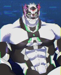 Rule 34 | 1boy, abs, abs cutout, animal ears, bara, bear boy, bear ears, body fur, colored sclera, cyborg, enigma (housamo), expressionless, furry, furry male, highres, large pectorals, looking at viewer, male focus, muscular, muscular male, pectorals, red eyes, short hair, solo, tokyo houkago summoners, underpec, upper body, white fur, yakisoba ohmori, yellow sclera