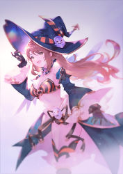 Rule 34 | 1girl, :d, beatrix (granblue fantasy), black gloves, blush, breasts, brown hair, cleavage, detached sleeves, gloves, granblue fantasy, halloween, halloween costume, hand up, hat, large breasts, long hair, long sleeves, looking at viewer, midriff, navel, open mouth, simple background, smile, solo, standing, striped clothes, striped thighhighs, thighhighs, vertical stripes, vienri, wide sleeves, witch hat