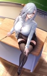 Rule 34 | 1girl, absurdres, alternate costume, baton, black footwear, black skirt, black thighhighs, blue eyes, breasts, button gap, chalkboard, classroom, commentary, contemporary, desk, eyelashes, eyeshadow, from above, full body, genshin impact, grey hair, hair between eyes, hair over one eye, high heels, highres, lace, lace-trimmed legwear, lace trim, large breasts, lips, lipstick, long hair, long sleeves, looking at viewer, makeup, miniskirt, on desk, paid reward available, parted lips, red eyeshadow, red lips, shenhe (genshin impact), shirt tucked in, sitting, skirt, smile, solo, swept bangs, thighhighs, yumeto (ym-1), zettai ryouiki
