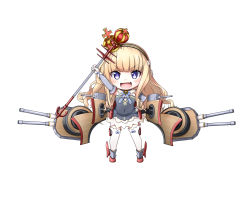 Rule 34 | &gt;:d, 1girl, :d, arm up, armpits, azur lane, chibi, crown, detached sleeves, gloves, hairband, highres, holding, kuena, light brown hair, long hair, looking at viewer, machinery, mini crown, open mouth, purple eyes, queen elizabeth (azur lane), scepter, simple background, smile, solo, staff, thighhighs, turret, v-shaped eyebrows, white background, white gloves, white thighhighs, zettai ryouiki