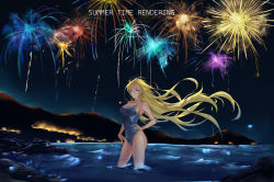 Rule 34 | 1girl, 444c (user mezz4285), absurdres, beach, blonde hair, blue eyes, blue one-piece swimsuit, breasts, competition school swimsuit, copyright name, cowboy shot, fireworks, hand on own hip, highres, kofune ushio, long hair, medium breasts, mountain, night, one-piece swimsuit, outdoors, school swimsuit, soaking feet, solo, standing, summertime render, swimsuit, very long hair, wading, water