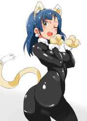 Rule 34 | 10s, 1girl, ;d, animal ears, animal hands, ass, blue hair, blush, bodysuit, breasts, cat ears, cat paws, cat tail, earrings, gradient background, idolmaster, idolmaster million live!, jewelry, long hair, looking at viewer, m mance, nanao yuriko, one eye closed, open mouth, smile, solo, tail, teeth, yellow eyes