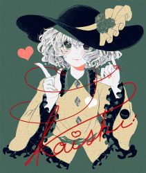 Rule 34 | 1girl, black hat, blouse, blush, buttons, character name, closed mouth, commentary, cropped torso, diamond button, fingernails, flower, green background, green eyes, hair between eyes, hands up, hat, hat flower, hat ribbon, heart, heart in eye, heart of string, komeiji koishi, light green hair, long sleeves, looking at viewer, medium hair, nail polish, red nails, ribbon, rose, shirt, simple background, smile, string, string around finger, symbol in eye, third eye, touhou, upper body, wide sleeves, yellow ribbon, yellow shirt, yonago