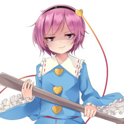 Rule 34 | 1girl, arai togami, baseball bat, blouse, evil smile, eyebrows, frilled sleeves, frills, hairband, heart, highres, holding, komeiji satori, long sleeves, looking at viewer, pink hair, purple eyes, ribbon-trimmed collar, ribbon trim, shaded face, shirt, short hair, simple background, smile, solo, string, teeth, touhou, upper body, white background, wide sleeves