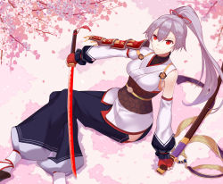 Rule 34 | 1girl, absurdres, armor, asymmetrical sleeves, cherry blossoms, detached sleeves, fate/grand order, fate (series), fingerless gloves, gloves, grey hair, hair between eyes, hair ribbon, highres, hip vent, holding, holding weapon, japanese armor, japanese clothes, justice kidd, kimono, long hair, looking at viewer, red eyes, red gloves, red ribbon, ribbon, sash, shoulder armor, single detached sleeve, slit pupils, smile, sode, solo, tomoe gozen (fate), uneven sleeves, weapon