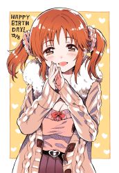 Rule 34 | 1girl, :d, amezawa koma, belt, black belt, blush, breasts, brown coat, brown eyes, brown hair, brown shirt, buckle, cleavage, coat, commentary, dated, english text, fur-trimmed coat, fur trim, hair ornament, hair scrunchie, half-closed eyes, happy birthday, heart, heart-shaped buckle, highres, hood, hooded coat, idolmaster, idolmaster cinderella girls, large breasts, looking at viewer, open clothes, open mouth, outside border, own hands together, pink scrunchie, scrunchie, shirt, smile, solo, standing, steepled fingers, totoki airi, twintails