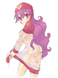 Rule 34 | 1girl, ass, blush, breasts, commentary request, curly hair, dragon quest, dragon quest ii, dress, emblem, graphite (medium), hat, hood, hood up, kichijou agata, long hair, looking at viewer, princess, princess of moonbrook, purple hair, robe, see-through, solo, traditional media, wet, wet clothes, white dress, white robe