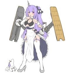 Rule 34 | aged up, ahoge, alternate breast size, azur lane, black bow, black ribbon, bow, breasts, cleavage, cleavage cutout, clothing cutout, dress, firaness, garter straps, hair bun, highres, large breasts, long hair, looking at viewer, one side up, purple eyes, purple hair, ribbon, single hair bun, smile, solo, stuffed animal, stuffed toy, stuffed unicorn, stuffed winged unicorn, thighhighs, unicorn, unicorn (azur lane), white dress, white thighhighs