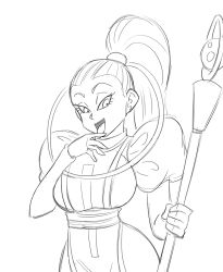 Rule 34 | 10s, 1girl, dragon ball, dragon ball super, licking finger, finger to tongue, high ponytail, licking, long hair, monochrome, naughty face, open mouth, tongue, tongue out, vados (dragon ball), very long hair