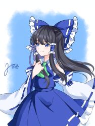 Rule 34 | 1girl, alternate color, ascot, black hair, blue bow, blue eyes, blue skirt, bow, commentary request, detached sleeves, frilled bow, frilled hair tubes, frills, green ascot, hair bow, hair tubes, hakurei reimu, highres, long hair, mito (fate), player 2, ribbon-trimmed sleeves, ribbon trim, signature, skirt, skirt set, solo, touhou