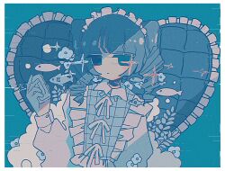 Rule 34 | 1girl, anemone (flower), bar soap, blue background, blue eyes, blue hair, border, closed mouth, dot mouth, drill hair, fish, flower, frilled pillow, frilled shirt, frills, glitch, hand up, heart, heart-shaped pillow, highres, holding soap, jitome, long bangs, long hair, long sleeves, looking at viewer, no pupils, original, pillow, raised eyebrows, shadow, shirt, simple background, sleeve cuffs, solo, sparkle, sskitaco, twin drills, upper body, white border, white shirt