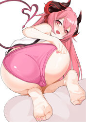 Rule 34 | 1girl, ass, barefoot, blush, demon girl, demon tail, feet, hand on own ass, highres, horns, long hair, looking at viewer, looking back, open mouth, original, panties, pink eyes, pink hair, pink panties, soles, tail, toes, underwear, white background