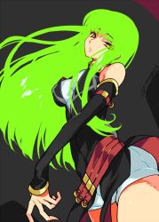Rule 34 | 1girl, ass, breasts, c.c., code geass, creayus, detached sleeves, covered erect nipples, green hair, long hair, looking at viewer, shorts, solo, twitter username