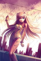 Rule 34 | 00s, 1girl, bad id, bad pixiv id, blue eyes, bodysuit, brown hair, building, chain-link fence, city, cloud, dutch angle, fence, floating hair, hair ornament, latex, long hair, looking at viewer, multicolored clothes, neon genesis evangelion, orange hair, outdoors, plugsuit, rebuild of evangelion, rie (reverie), rooftop, shiny clothes, sky, skyscraper, solo, souryuu asuka langley, standing, sunset, test plugsuit, two side up, very long hair, wide hips