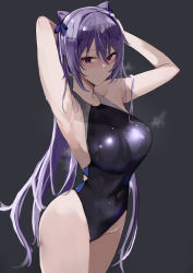 Rule 34 | 1girl, :o, animal ears, arm behind head, arms up, blush, breasts, competition swimsuit, cone hair bun, curvy, dripping, from side, genshin impact, grey background, hair between eyes, hair bun, half-closed eyes, highleg, highleg swimsuit, highres, keqing (genshin impact), large breasts, long hair, looking at viewer, muoto, one-piece swimsuit, parted bangs, purple eyes, purple hair, simple background, solo, steam, steaming body, swimsuit, thighs, very long hair, wet