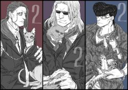 Rule 34 | 3boys, affectionate, alternate costume, animal request, bespectacled, big nose, cat, chin rest, color coordination, formal, glasses, greyscale with colored background, head on head, head rest, highres, hunter x hunter, jewelry, knuckle bine, long hair, long sleeves, looking at viewer, male focus, morel mackernasey, multiple boys, necklace, necktie, nkwtsrsk hh, no eyebrows, partially unbuttoned, pectoral cleavage, pectorals, pompadour, ponytail, round eyewear, shirt, shoot mcmahon, short hair, suit, sunglasses, wrinkled skin