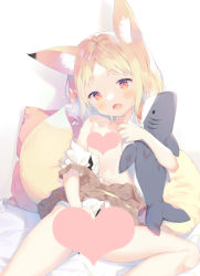 Rule 34 | 1girl, :d, animal ear fluff, animal ears, bed sheet, blonde hair, blush, brown eyes, brown skirt, censored, clothes lift, collared shirt, commentary request, dress shirt, feet out of frame, fox ears, fox girl, fox tail, heart, heart censor, long hair, looking at viewer, navel, hugging object, off shoulder, open clothes, open mouth, open shirt, original, parted bangs, pillow, red eyes, shadow, shirt, skirt, skirt lift, smile, solo, stuffed animal, stuffed shark, stuffed toy, suspender skirt, suspenders, tail, white background, white shirt, yuizaki kazuya