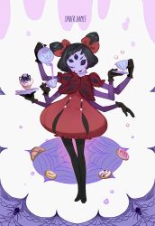 Rule 34 | 1girl, arthropod girl, black gloves, black hair, black pantyhose, blush, bow, bubble skirt, bug, colored skin, croissant, cup, cupcake, doughnut, english text, extra arms, extra eyes, closed eyes, food, fork, full body, gloves, gwayo, hair bow, head tilt, highres, insect girl, looking at viewer, muffet, pantyhose, puffy sleeves, purple skin, saucer, shirt, short hair, short sleeves, silk, skirt, smile, solo, spider, spider girl, spider web, sugar cube, sweets, teacup, teapot, text focus, tongue, tongue out, twintails, two side up, undertale