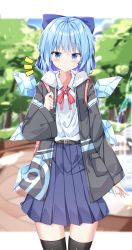 Rule 34 | 1girl, alternate costume, belt, belt buckle, black belt, black thighhighs, blue bow, blue eyes, blue hair, blue skirt, blush, bow, buckle, cirno, closed mouth, cowboy shot, fairy, grey jacket, hair between eyes, hair bow, highres, ice, ice wings, jacket, long sleeves, open clothes, open jacket, pleated skirt, sabana, shirt, short hair, skirt, solo, thighhighs, touhou, white shirt, wings