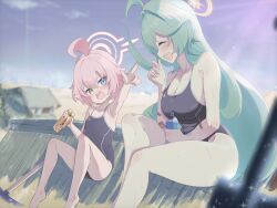 Rule 34 | 2girls, abydos high school swimsuit, ahoge, bad anatomy, bare arms, bare legs, bare shoulders, barefoot, black one-piece swimsuit, blue archive, blue eyes, blush, breasts, cleavage, closed eyes, day, fang, flat chest, food, green hair, hair between eyes, halo, heterochromia, highres, holding, holding food, hoshino (blue archive), hoshino (young) (blue archive), huge ahoge, index finger raised, large breasts, long hair, multiple girls, one-piece swimsuit, oozumi 03, open mouth, outdoors, pickaxe, pink hair, pink halo, school swimsuit, short hair, shovel, swimsuit, thighs, yellow eyes, yellow halo, yume (blue archive)