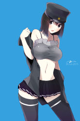 Rule 34 | 10s, 1girl, 2015, akitsu maru (kancolle), bad id, bad pixiv id, bikini, black eyes, black hair, black hat, black thighhighs, blue background, blush, breasts, dated, grey bikini, hat, highres, kantai collection, large breasts, looking at viewer, miniskirt, navel, short hair, signature, simple background, skirt, solo, standing, swimsuit, tebi (tbd11), thighhighs, undressing