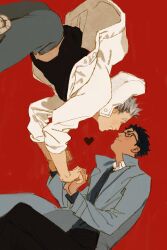 Rule 34 | 2boys, akaashi keiji, black hair, black pants, black shirt, bokuto koutarou, chengongzi123, coat, collared coat, commentary, floating, glasses, grey coat, grey hair, grey pants, grin, haikyuu!!, hands up, heart, highres, holding hands, hood, hood down, jacket, long sleeves, looking at another, male focus, multicolored hair, multiple boys, pants, red background, shirt, short hair, simple background, smile, streaked hair, symbol-only commentary, thick eyebrows, very short hair, white jacket