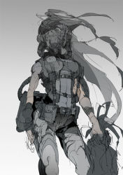 Rule 34 | 1girl, contrapposto, demizu posuka, gradient background, greyscale, harness, helmet, long hair, looking at viewer, looking down, mask, military, military operator, monochrome, navel, oxygen mask, oxygen tank, sketch, solo, standing