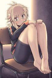 Rule 34 | bike shorts, blonde hair, chair, feet, hair between eyes, hands on own knees, highres, jacket, knees to chest, koshirae tsurugi (m.m), legs together, m.m, multicolored eyes, ponytail, short shorts, shorts, sitting, spandex, thighs, track jacket
