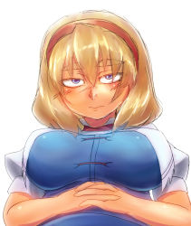 Rule 34 | 1girl, alice margatroid, blonde hair, blue eyes, blush, breasts, capelet, eyebrows, hairband, highres, jitome, large breasts, own hands clasped, own hands together, short hair, short sleeves, simple background, sketch, thick eyebrows, tora (trampjing), touhou
