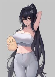 Rule 34 | 1girl, @ @, arm up, armpit crease, armpit focus, armpits, azur lane, bare arms, bare shoulders, bird, black hair, blush, breasts, brown eyes, chick, cleavage, collarbone, cowboy shot, flower, hair flower, hair ornament, hair ribbon, high-waist pants, highres, holding, indomitable (azur lane), large breasts, long hair, looking at viewer, maanu, midriff, navel, pants, parted lips, ponytail, ribbon, sidelocks, simple background, solo, sportswear, strapless, tube top, very long hair, white tube top, yoga pants