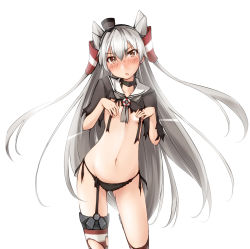 Rule 34 | &gt;:o, 10s, 1girl, :o, amatsukaze (kancolle), black panties, blush, breasts, brown eyes, censored, dress, garter straps, hair tubes, highres, kaminagi (kaminagi-tei), kantai collection, long hair, looking at viewer, panties, red thighhighs, sailor dress, school uniform, serafuku, silver hair, simple background, small breasts, solo, striped clothes, striped thighhighs, thighhighs, torn clothes, torn dress, twintails, two side up, underwear, v-shaped eyebrows, white background