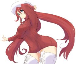 Rule 34 | 1girl, aty (summon night), beret, blue eyes, breasts, closed mouth, dress, hat, long hair, looking at viewer, panties, red hair, shousetsu, simple background, smile, solo, summon night, summon night 3, sweater, thighhighs, underwear, white background, white panties, white thighhighs