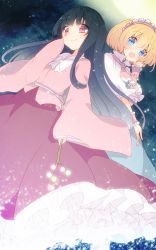 Rule 34 | 2girls, alice margatroid, aoi (annbi), ascot, black hair, blonde hair, blue dress, blue eyes, bow, branch, capelet, dress, frills, from below, full moon, hair ornament, hairband, highres, houraisan kaguya, jeweled branch of hourai, light particles, lolita hairband, long hair, long sleeves, looking down, moon, multiple girls, night, open mouth, red eyes, ribbon, shirt, short hair, skirt, smile, touhou, wide sleeves, wrist cuffs
