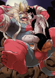 Rule 34 | 2boys, absurdres, alternate costume, alternate facial hair, animal ears, armpits, bandaged arm, bandages, bara, beard, black hair, blank eyes, body fur, bulge, bulge to ass, chest tuft, colored skin, cosplay, crotch grab, curled horns, dragon horns, erection, erection under clothes, facial hair, forked eyebrows, frankenstein&#039;s monster, frankenstein&#039;s monster (cosplay), full moon, furry, furry male, furry with non-furry, gardie (otsukimi), gradient skin, green eyes, halloween, halloween costume, hand on another&#039;s stomach, highres, horns, huge eyebrows, interspecies, kouhei (otsukimi), large hands, large pectorals, lion hair, male focus, moon, multiple boys, muscular, muscular male, mutton chops, nipples, original, otsukimi, pale skin, pectorals, red skin, scar, scar on arm, short hair, sideburns, sideburns stubble, size difference, spread legs, stitches, stubble, tail, testicle peek, thick eyebrows, tongue, tongue out, topless male, tusks, werewolf, wolf boy, wolf ears, wolf tail, yaoi