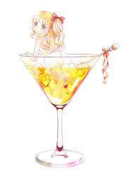 Rule 34 | 1girl, 54hao, backless dress, backless outfit, bare arms, barefoot, blonde hair, blunt bangs, bow, closed mouth, cocktail, cocktail glass, cup, dress, drinking glass, hair bow, half updo, highres, in container, in cup, kneeling, long hair, looking at viewer, looking back, original, partially submerged, pink bow, polka dot, polka dot bow, ponytail, short dress, simple background, sleeveless, sleeveless dress, smile, soles, solo, toothpick, wavy hair, white background, white dress, yellow eyes
