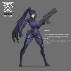 Rule 34 | 1girl, absurdres, assault rifle, blue bodysuit, blue eyes, blue hair, bodysuit, breasts, collarbone, commentary, covered erect nipples, covered navel, english commentary, english text, eyes visible through hair, full body, grey background, gun, highres, huge breasts, impossible bodysuit, impossible clothes, long hair, looking at viewer, original, platinum1945, ponytail, rifle, serious, shiny clothes, skin tight, solo, trigger discipline, tsurime, very long hair, weapon