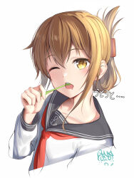 Rule 34 | 1girl, :o, brown hair, folded ponytail, from side, highres, holding, holding toothbrush, inazuma (kancolle), iwabuchi501, kantai collection, long hair, long sleeves, looking at viewer, looking to the side, necktie, red necktie, simple background, solo, toothbrush, upper body, white background, yellow eyes