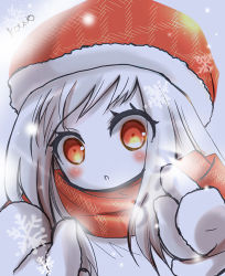 Rule 34 | 10s, 1girl, against glass, close-up, colored skin, hanaya (hanaya246), kantai collection, long hair, looking at viewer, lowres, mittens, northern ocean princess, orange eyes, parted lips, scarf, silver hair, solo, translation request, white skin, writing, drawing on fourth wall