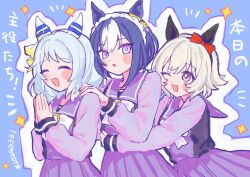 Rule 34 | 3girls, :o, animal ears, birthday, blue background, blue hair, blush stickers, bow, bowtie, braid, cesario (umamusume), closed eyes, crown braid, curren chan (umamusume), dot nose, ear bow, ear covers, grey hair, hair ornament, hairclip, hands on another&#039;s shoulders, highres, hishi miracle (umamusume), horse ears, hug, long sleeves, looking at another, looking at viewer, medium hair, multiple girls, notice lines, one eye closed, open mouth, outline, own hands together, palms together, pink eyes, purple eyes, purple shirt, purple skirt, sailor collar, school uniform, shake (shk acr), shirt, short hair, skirt, sparkle, tracen school uniform, translation request, umamusume, upper body, white outline