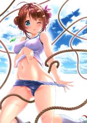Rule 34 | 1girl, ;p, ahoge, arm at side, bare arms, bare shoulders, blue shorts, blue sky, blush, braid, breasts, brown hair, cleavage, clothes lift, cloud, cloudy sky, collarbone, commentary request, covered erect nipples, crown braid, day, eyelashes, fingernails, gluteal fold, green eyes, groin, gym shorts, gym uniform, hair ornament, hair ribbon, hand up, heart, heart-shaped pupils, highres, kneehighs, kneeling, legs, legs apart, lifting own clothes, long fingernails, looking at viewer, medium breasts, midriff, navel, no panties, one eye closed, original, outdoors, purple ribbon, ran (yamatoagu), ribbon, rope, shirt, shirt lift, shoes, short hair, short shorts, shorts, skindentation, sky, socks, solo, standing, stomach, sweat, symbol-shaped pupils, taut clothes, taut shirt, tongue, tongue out, two side up, uwabaki, whistle, white footwear, white socks