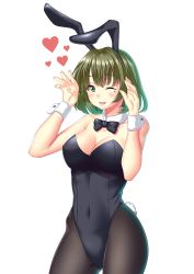 Rule 34 | 10s, 1girl, ame isshiki, animal ears, bare shoulders, blush, bow, bowtie, breasts, cleavage, covered navel, detached collar, fake animal ears, green eyes, green hair, idolmaster, idolmaster cinderella girls, matching hair/eyes, mole, mole under eye, one eye closed, open mouth, pantyhose, playboy bunny, rabbit ears, rabbit tail, short hair, simple background, smile, solo, standing, tail, takagaki kaede, wrist cuffs