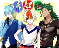 Rule 34 | 3boys, artist name, black gloves, blonde hair, blue hair, blue shirt, blue vest, cinderace, creatures (company), earrings, game freak, gen 8 pokemon, gloves, green hair, hair between eyes, hand on own hip, hand on own stomach, hand up, highres, inteleon, jewelry, long sleeves, looking at viewer, male focus, multicolored hair, multiple boys, necklace, nintendo, orange eyes, pants, personification, pokemon, ponytail, red eyes, red headwear, rillaboom, shijima tohiro, shirt, short sleeves, simple background, spoken character, starter pokemon trio, stud earrings, two-tone hair, upper body, vest, white hair, white shirt, yellow eyes