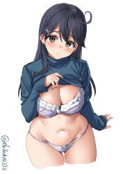 Rule 34 | 1girl, blush, bra, breasts, clothes lift, cropped legs, ebifurya, frilled bra, frills, gluteal fold, grey eyes, groin, hair between eyes, hair ornament, hand up, highres, kantai collection, large breasts, lifted by self, long hair, long sleeves, looking at viewer, navel, no pants, panties, parted lips, purple bra, purple panties, raised eyebrows, simple background, sleeves past wrists, solo, turtleneck, twitter username, underwear, ushio (kancolle), white background, wide hips, x hair ornament