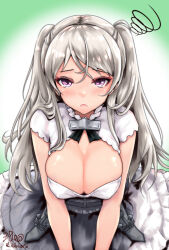 Rule 34 | 1girl, armpit cutout, blush, breasts, brown eyes, cleavage, cleavage cutout, clothing cutout, conte di cavour (kancolle), conte di cavour nuovo (kancolle), corset, dress, frilled dress, frills, gradient background, green background, grey dress, grey hair, highres, kantai collection, large breasts, layered dress, long hair, looking at viewer, open mouth, shirokuni ochiho, signature, solo, twitter username, two-tone dress, two side up, upper body, white background, white dress